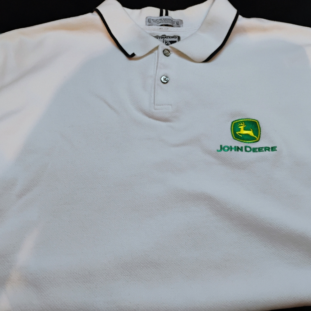 John Deere Short Sleeve White Polo Shirt Mens Size XL Destinations American